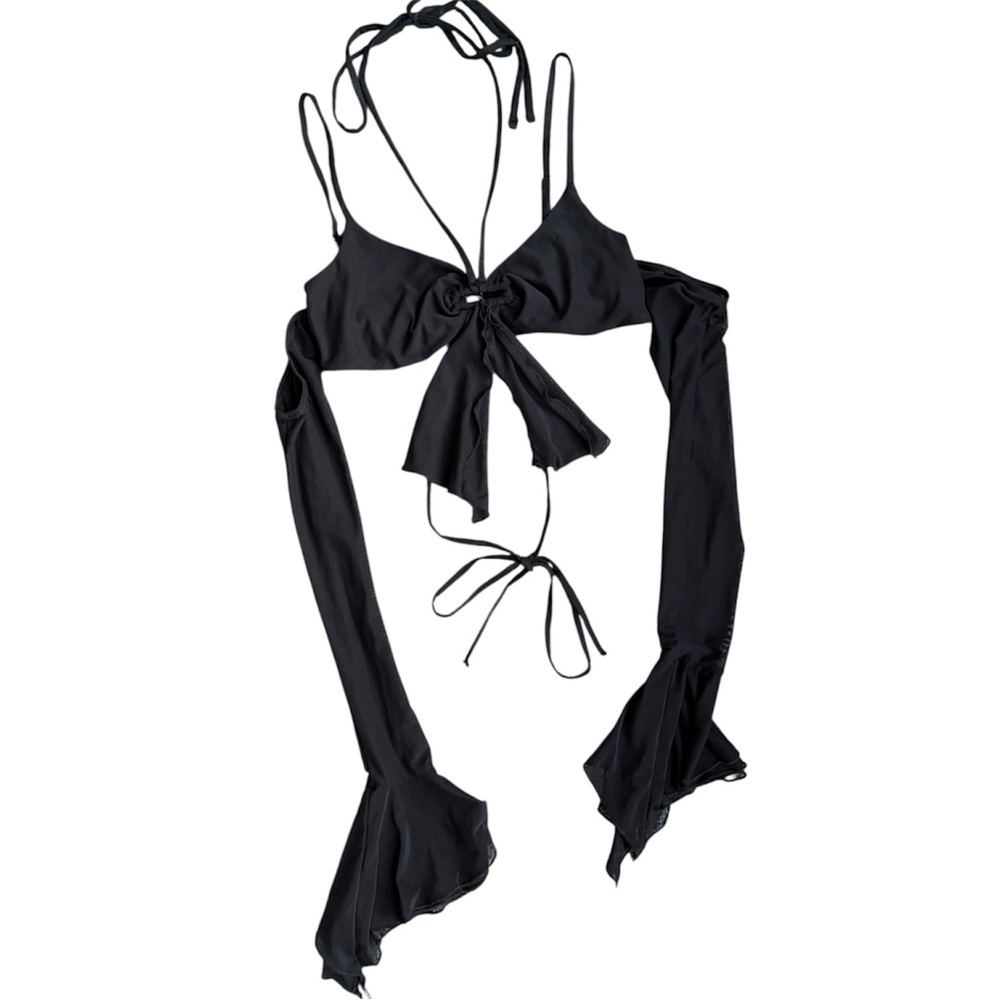 Black Mesh Ruffle Long Sleeve Halter Bra Top